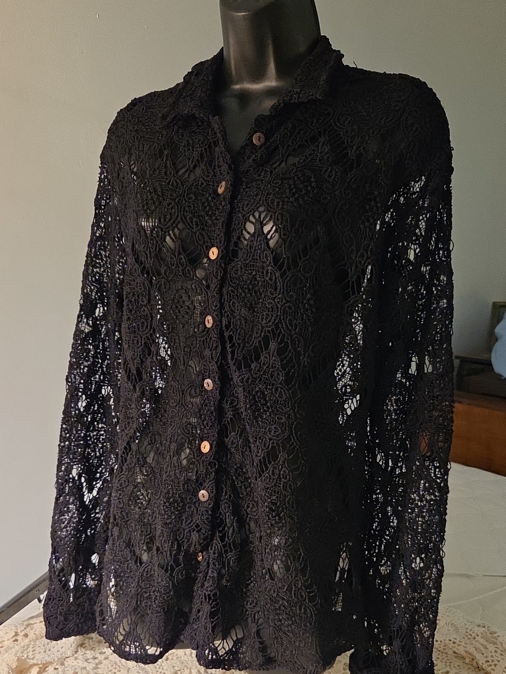 Free People Black Crochet Button-Down Lace Shirt